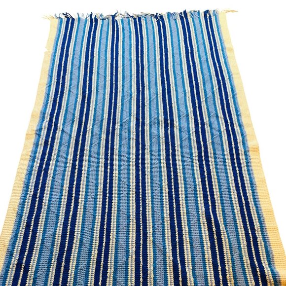 Handmade Blue & White Geometric Crochet Blanket With Fringes 43x74" Grannycore - Picture 10 of 10